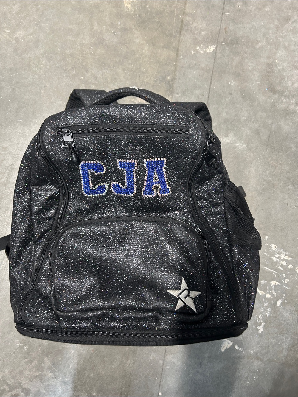 Rebel Cheer Dance Black Glitter Backpack with Blue CJA Lettering